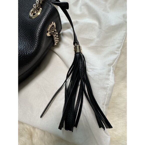 Gucci Soho Handbag Black Leather Tassel Double Chain Medium Shoulder Bag Purse - Picture 6 of 11